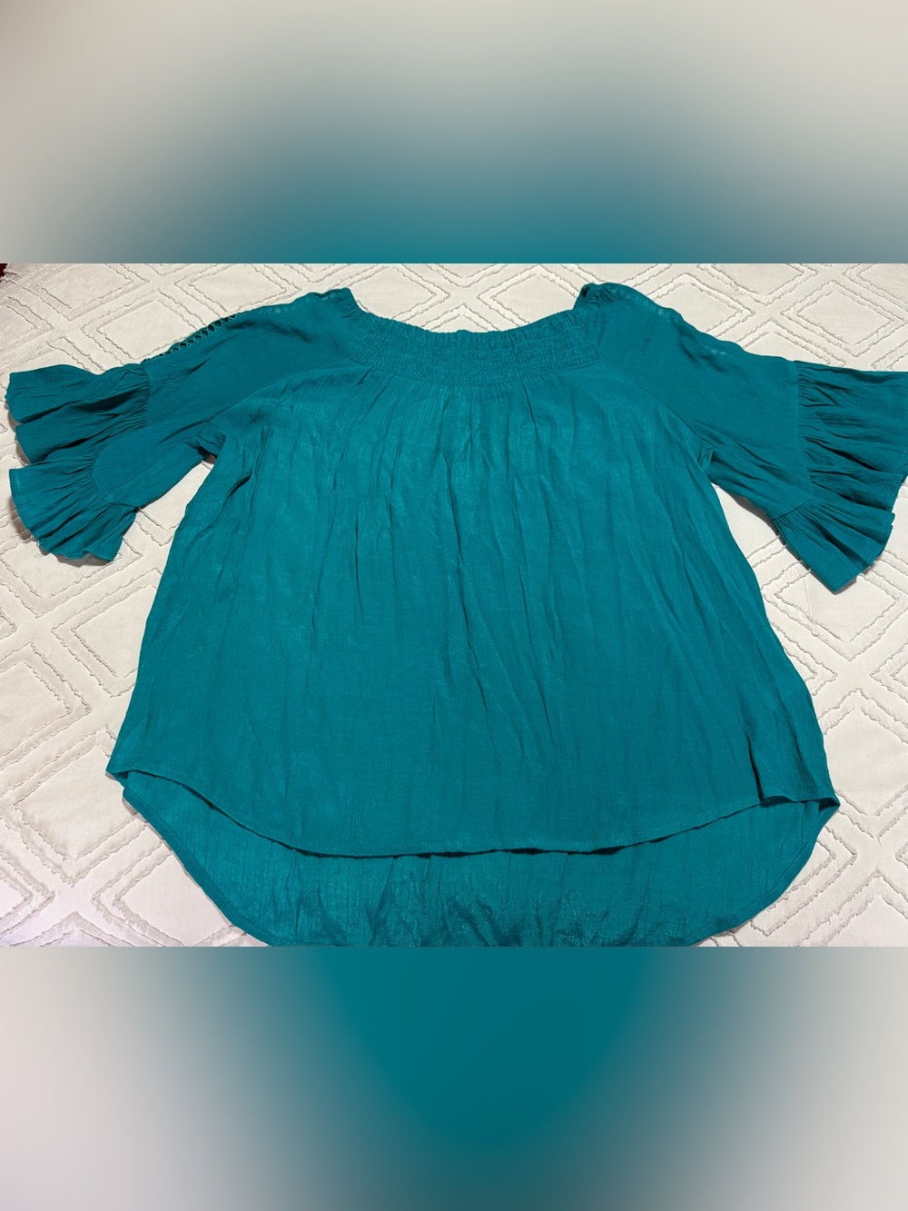 Teal Off-Shoulder Ruffled Sleeve Top